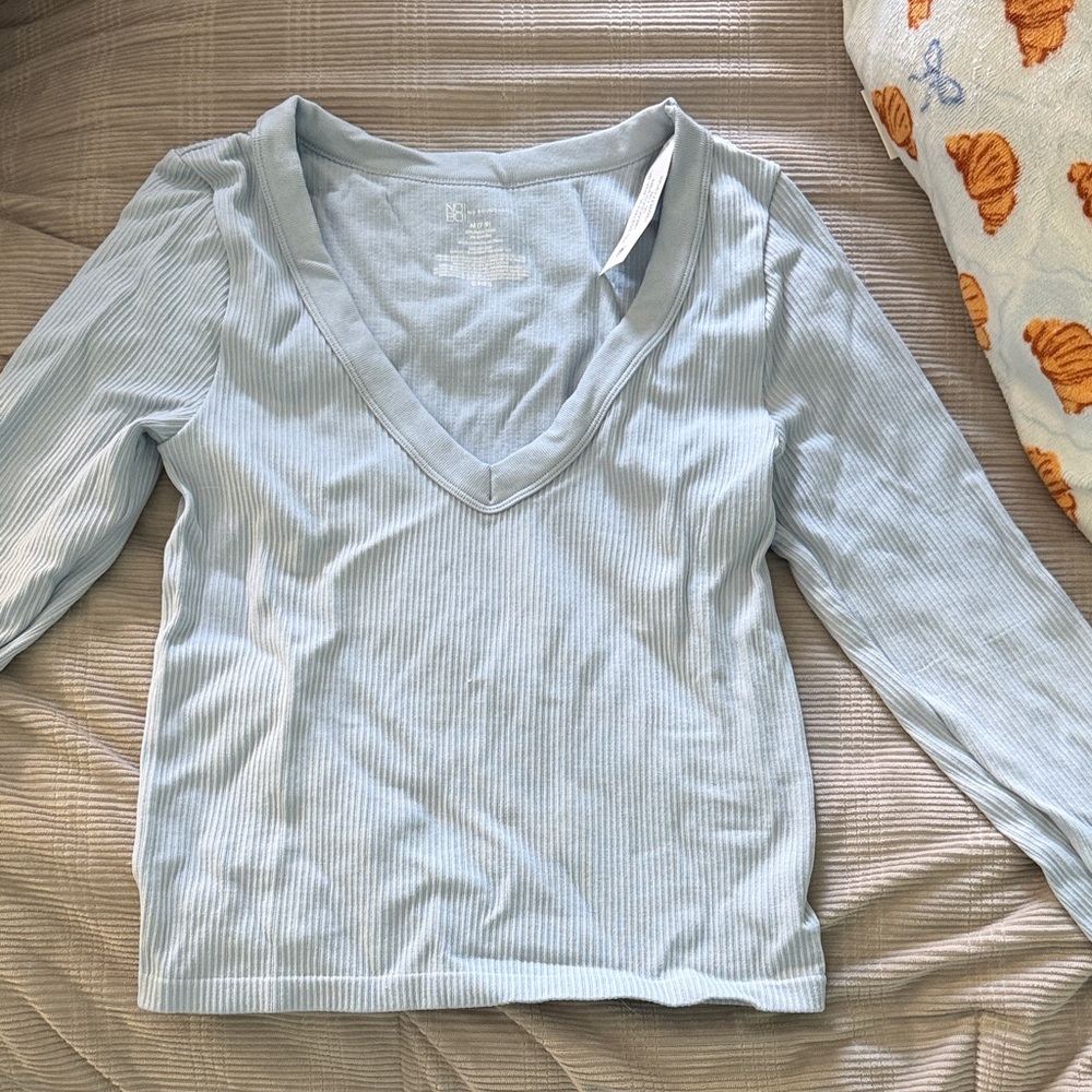 Light Blue V-Neck Ribbed Women's Top